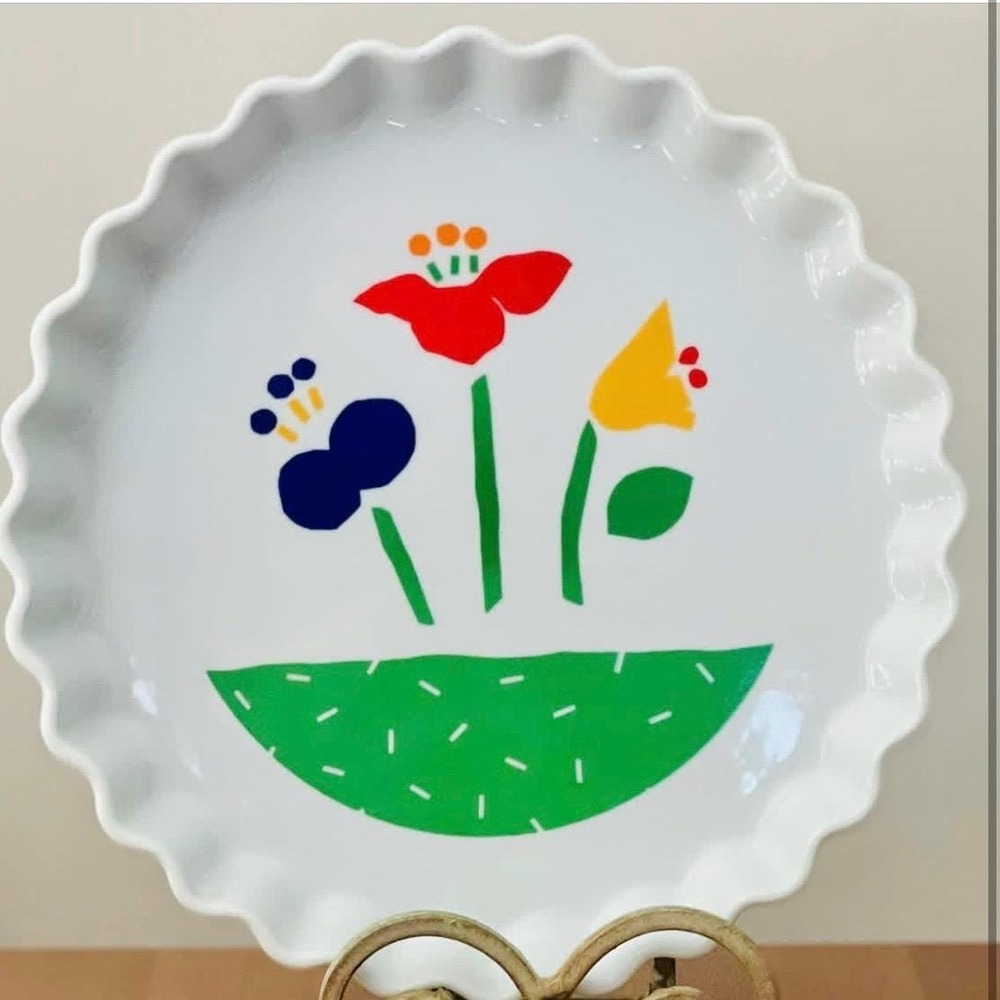 Vintage Quiche dish pie plate tart pan retro mod flower pattern ceramic bakeware